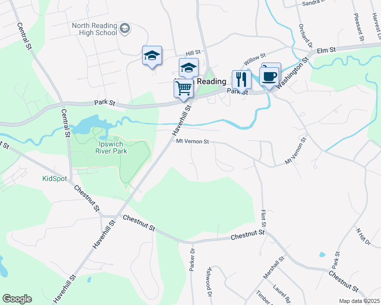 map of restaurants, bars, coffee shops, grocery stores, and more near 5 Parsonage Lane in North Reading