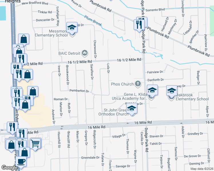 map of restaurants, bars, coffee shops, grocery stores, and more near 37633 Lola Drive in Sterling Heights