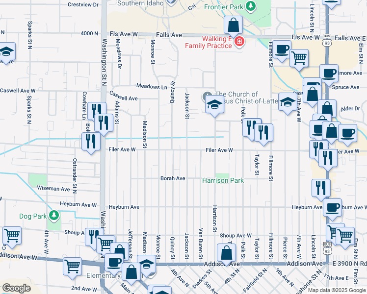 map of restaurants, bars, coffee shops, grocery stores, and more near 470 Jackson Street in Twin Falls