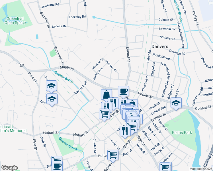 map of restaurants, bars, coffee shops, grocery stores, and more near 9 Poplar Street in Danvers