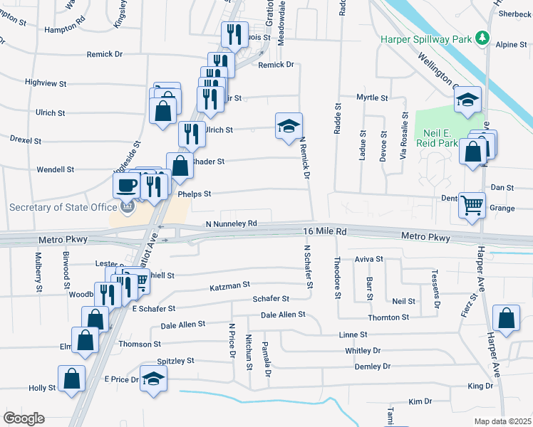 map of restaurants, bars, coffee shops, grocery stores, and more near 23020 South Nunneley Road in Clinton Township