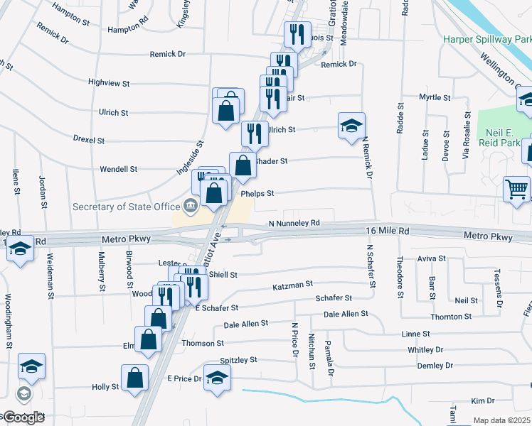 map of restaurants, bars, coffee shops, grocery stores, and more near 22540 Phelps Street in Clinton Township