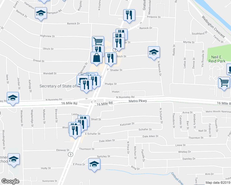map of restaurants, bars, coffee shops, grocery stores, and more near 22540 Phelps Street in Clinton Township