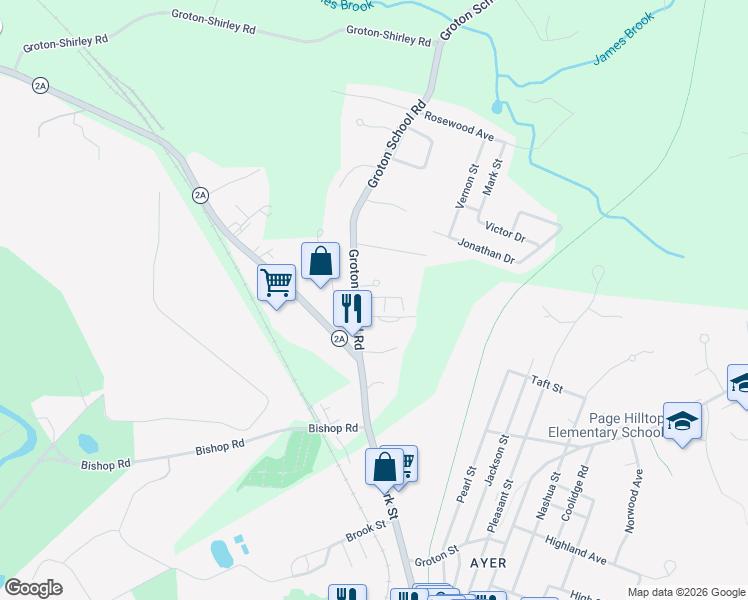 map of restaurants, bars, coffee shops, grocery stores, and more near 9 Groton School Road in Ayer