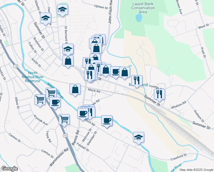 map of restaurants, bars, coffee shops, grocery stores, and more near 370 Summer Street in Fitchburg