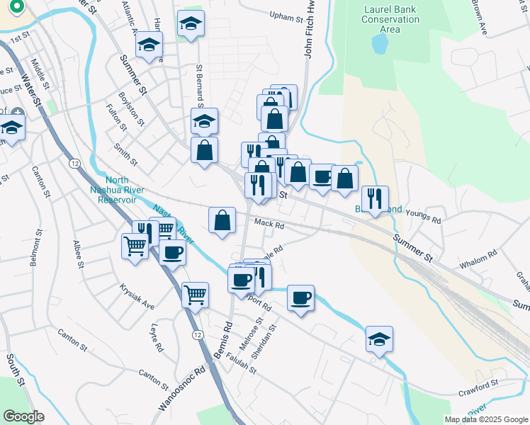 map of restaurants, bars, coffee shops, grocery stores, and more near 24 John Fitch Highway in Fitchburg