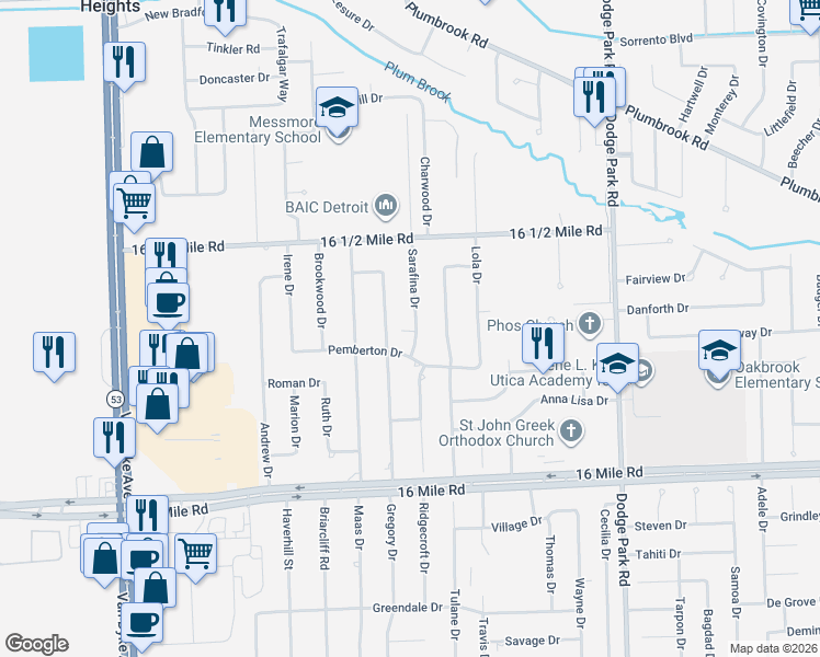 map of restaurants, bars, coffee shops, grocery stores, and more near 37700 Gregory Drive in Sterling Heights