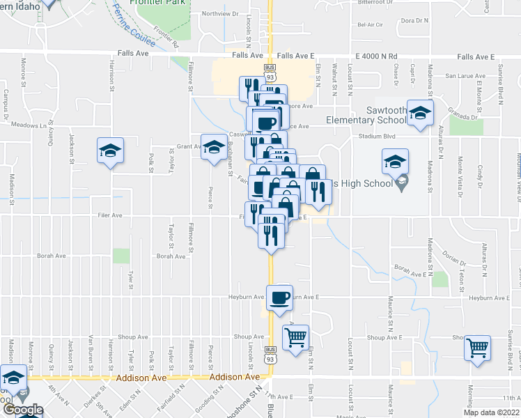 map of restaurants, bars, coffee shops, grocery stores, and more near 551 Blue Lakes Boulevard North in Twin Falls