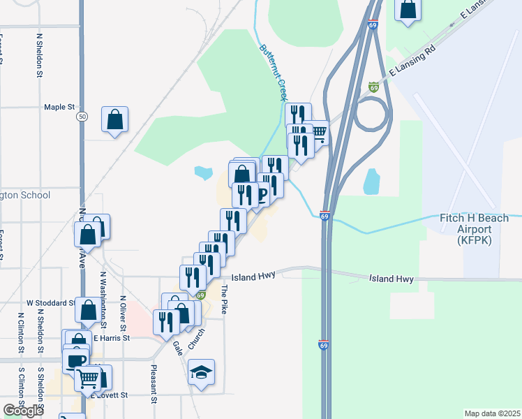 map of restaurants, bars, coffee shops, grocery stores, and more near Lansing Street in Charlotte