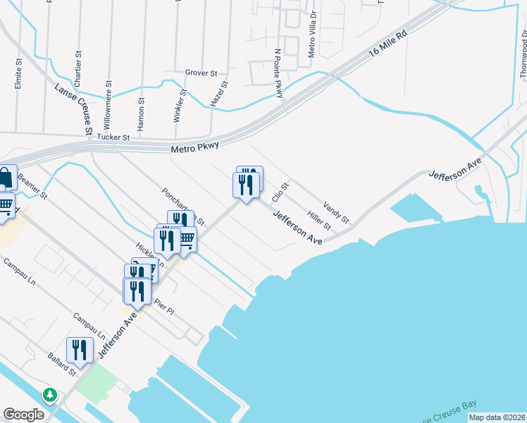 map of restaurants, bars, coffee shops, grocery stores, and more near 37089 Jefferson Avenue in Harrison Township