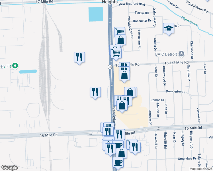 map of restaurants, bars, coffee shops, grocery stores, and more near 38111 Van Dyke Road in Sterling Heights