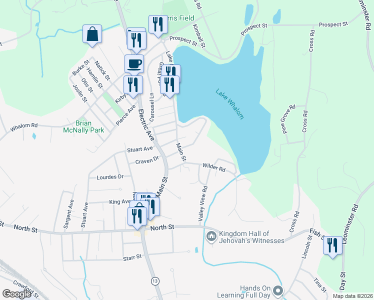 map of restaurants, bars, coffee shops, grocery stores, and more near 1469 Main Street in Leominster