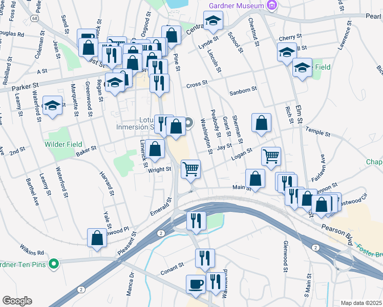 map of restaurants, bars, coffee shops, grocery stores, and more near 266 Main Street in Gardner