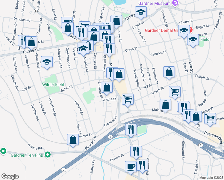 map of restaurants, bars, coffee shops, grocery stores, and more near 232 Massachusetts 68 in Gardner
