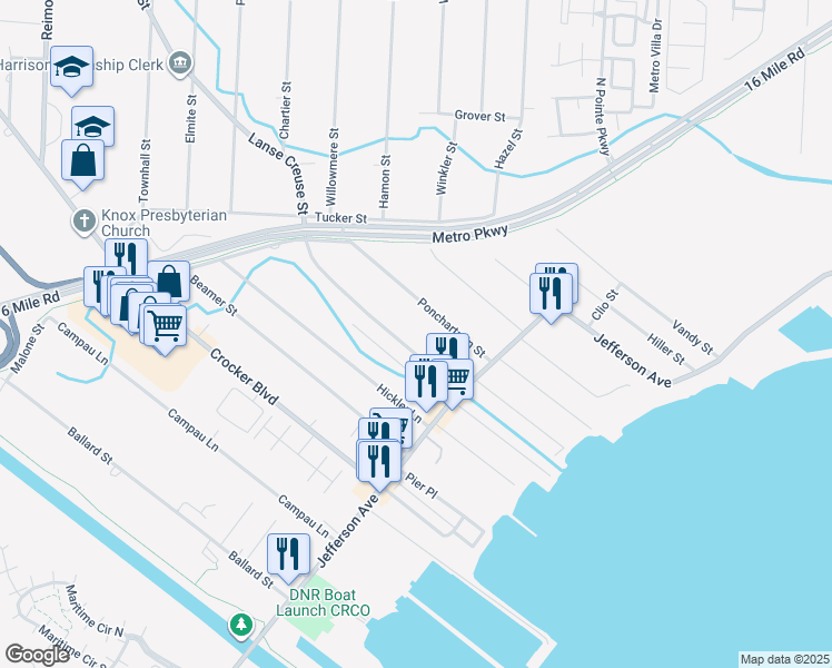 map of restaurants, bars, coffee shops, grocery stores, and more near 26965 Ponchartrain Street in Harrison Township
