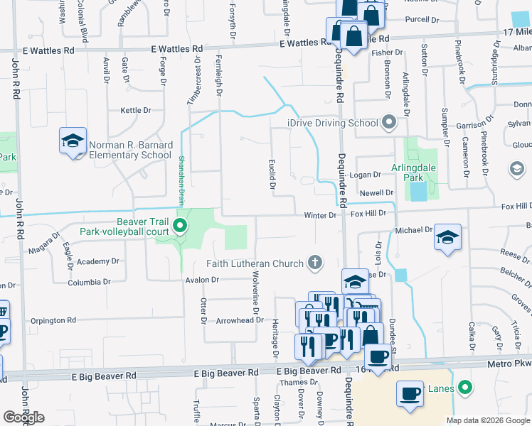 map of restaurants, bars, coffee shops, grocery stores, and more near 3555 Euclid Drive in Troy