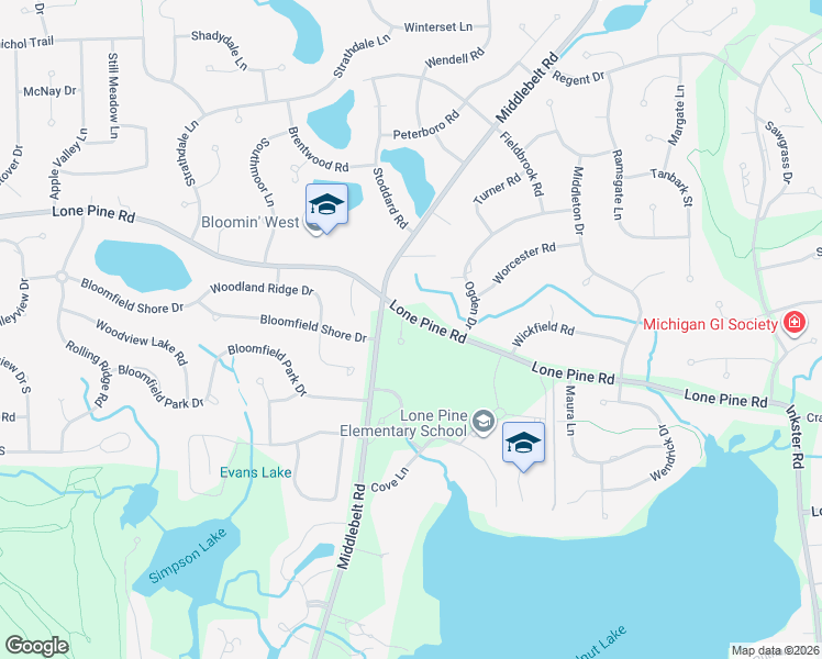 map of restaurants, bars, coffee shops, grocery stores, and more near 3200 Legacy Court in West Bloomfield Township