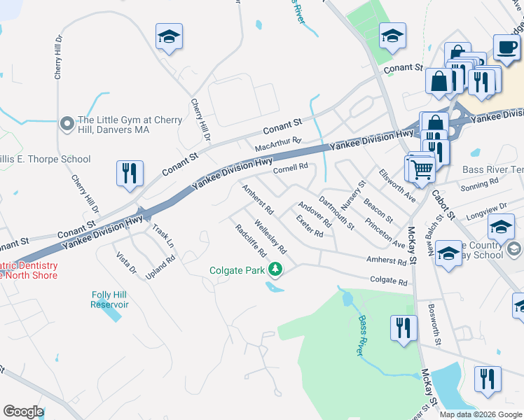 map of restaurants, bars, coffee shops, grocery stores, and more near 57 Amherst Road in Beverly