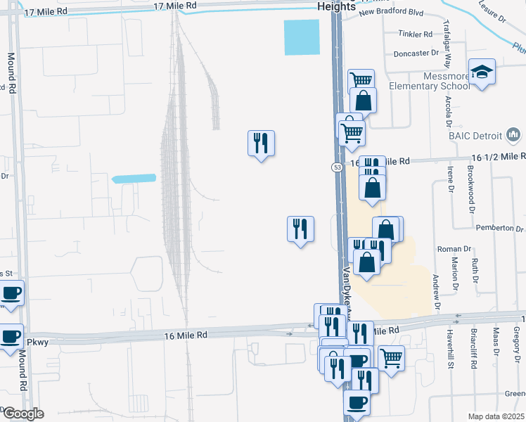 map of restaurants, bars, coffee shops, grocery stores, and more near 38111 Van Dyke Avenue in Sterling Heights