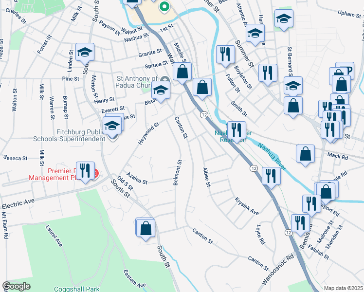 map of restaurants, bars, coffee shops, grocery stores, and more near 6 Cleveland Street in Fitchburg
