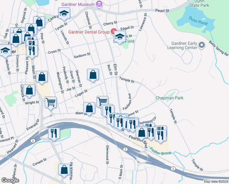 map of restaurants, bars, coffee shops, grocery stores, and more near 103 Rich Street in Gardner
