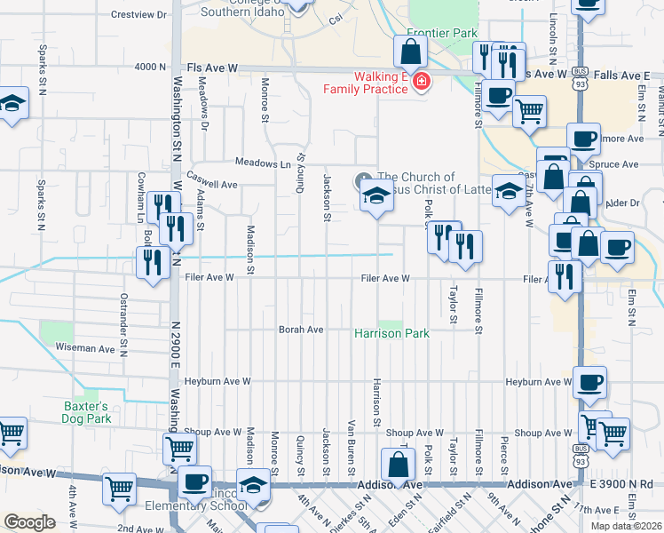 map of restaurants, bars, coffee shops, grocery stores, and more near 558 Jackson Street in Twin Falls