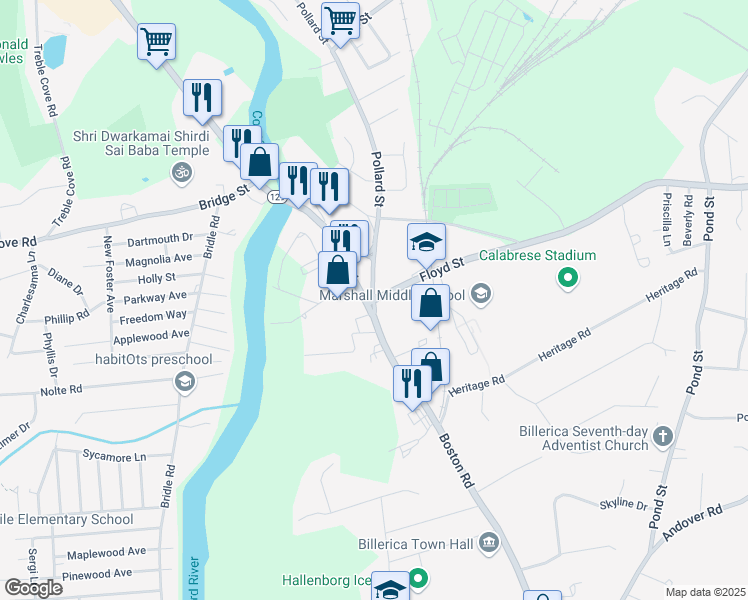 map of restaurants, bars, coffee shops, grocery stores, and more near 1 Floyd Street in Billerica