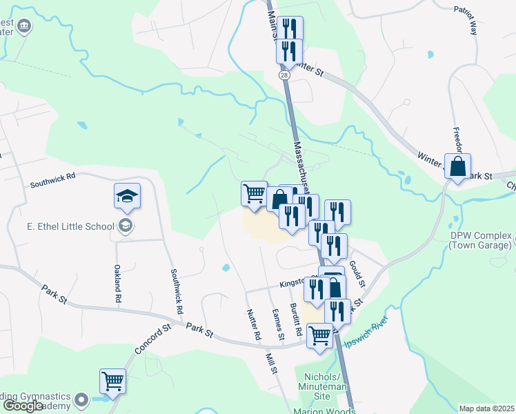 map of restaurants, bars, coffee shops, grocery stores, and more near 72 Main St in North Reading
