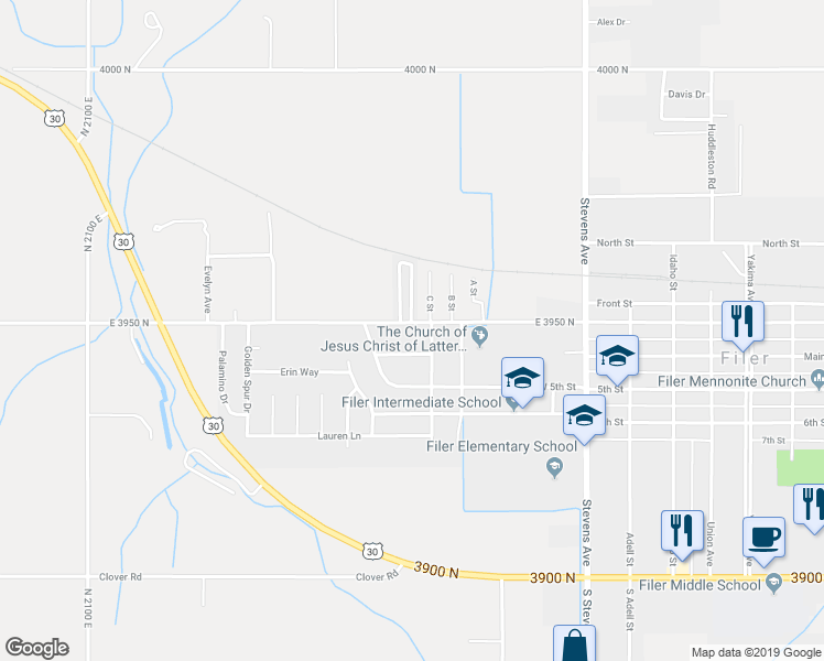 map of restaurants, bars, coffee shops, grocery stores, and more near 1005 West Midway Street in Filer