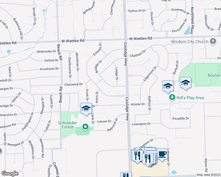 map of restaurants, bars, coffee shops, grocery stores, and more near 3750 Boulder Drive in Troy