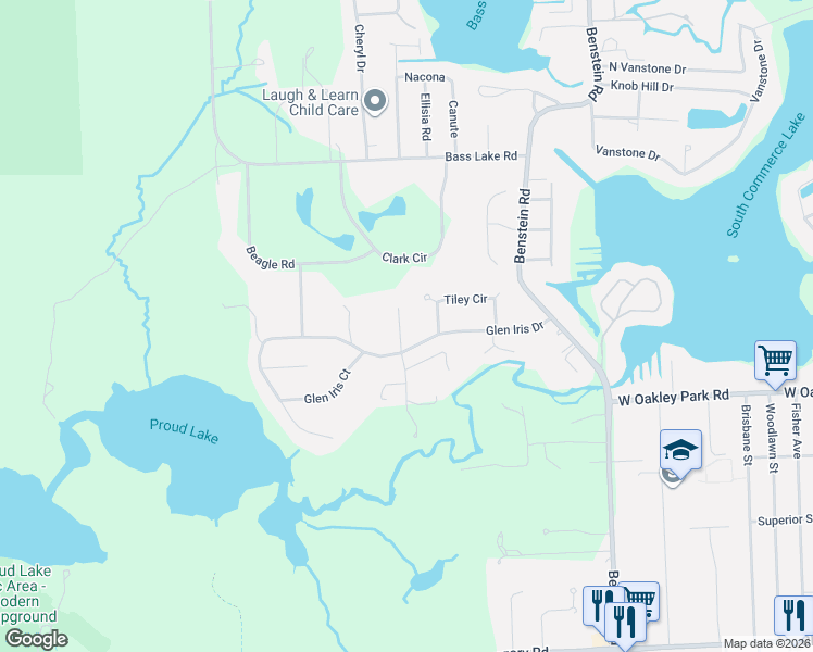 map of restaurants, bars, coffee shops, grocery stores, and more near 3480 Glenview Court in Commerce Charter Township