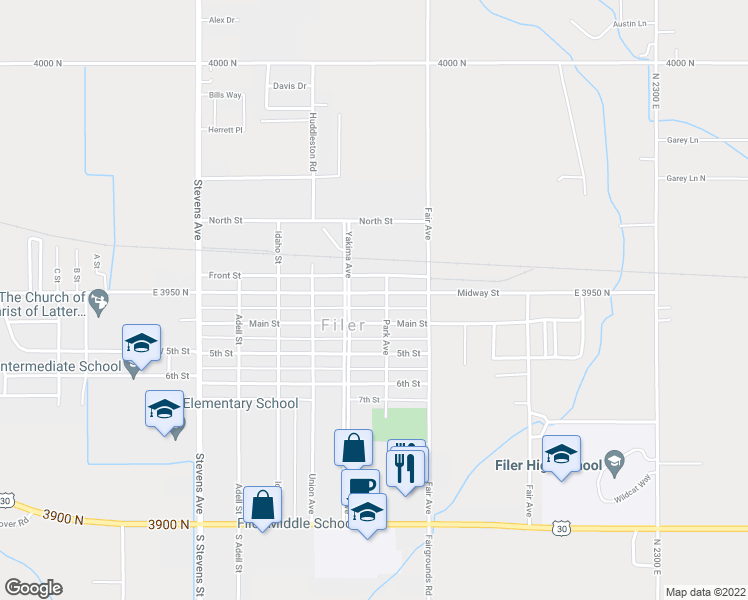 map of restaurants, bars, coffee shops, grocery stores, and more near 209 West Midway Street in Filer