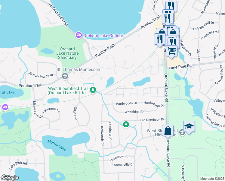 map of restaurants, bars, coffee shops, grocery stores, and more near 4328 Foxpointe Drive in West Bloomfield Township