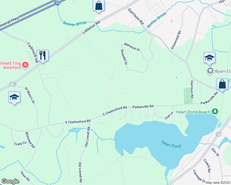 map of restaurants, bars, coffee shops, grocery stores, and more near 4109 Princeton Way in Westford
