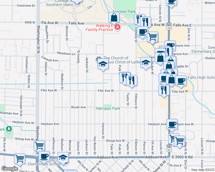 map of restaurants, bars, coffee shops, grocery stores, and more near 534 Harrison Street in Twin Falls