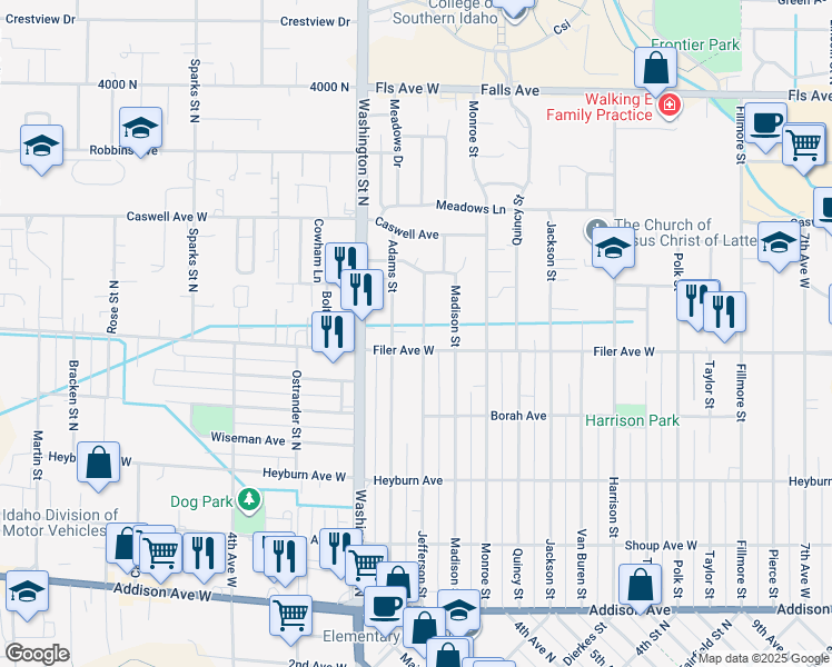 map of restaurants, bars, coffee shops, grocery stores, and more near 560 Adams Street in Twin Falls