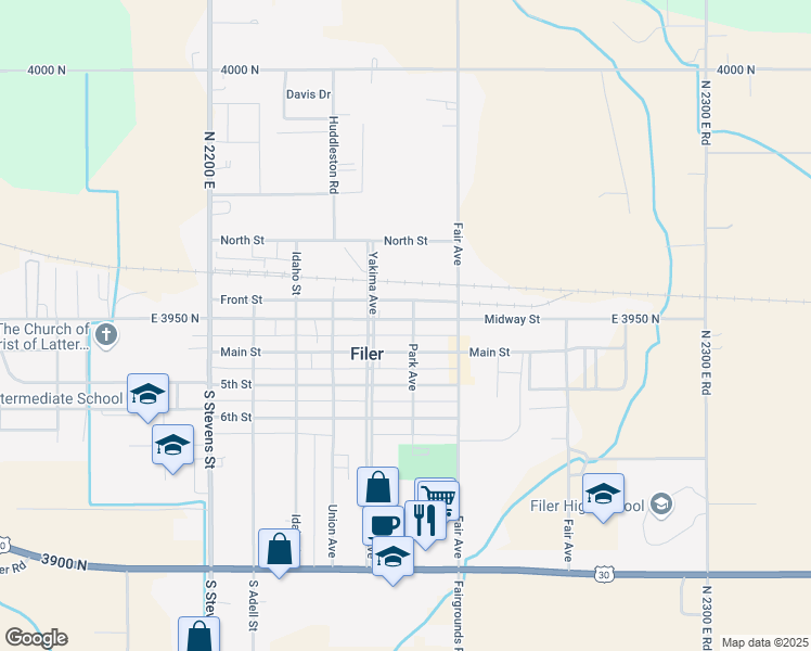 map of restaurants, bars, coffee shops, grocery stores, and more near 128 West Midway Street in Filer