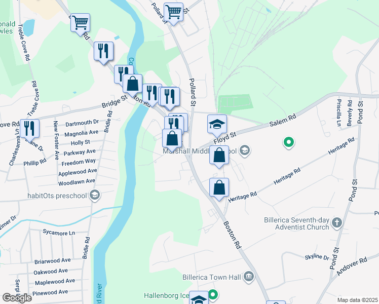 map of restaurants, bars, coffee shops, grocery stores, and more near 314 Boston Road in Billerica