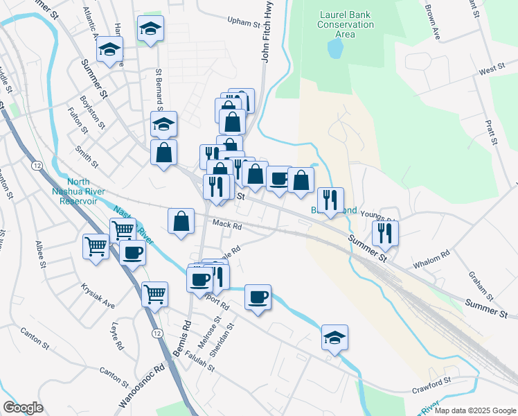 map of restaurants, bars, coffee shops, grocery stores, and more near 370 Summer Street in Fitchburg