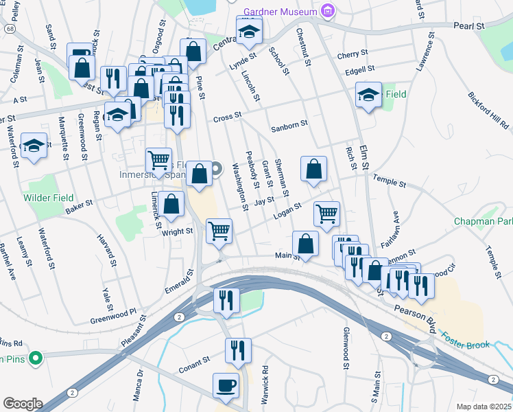map of restaurants, bars, coffee shops, grocery stores, and more near 152 Peabody Street in Gardner