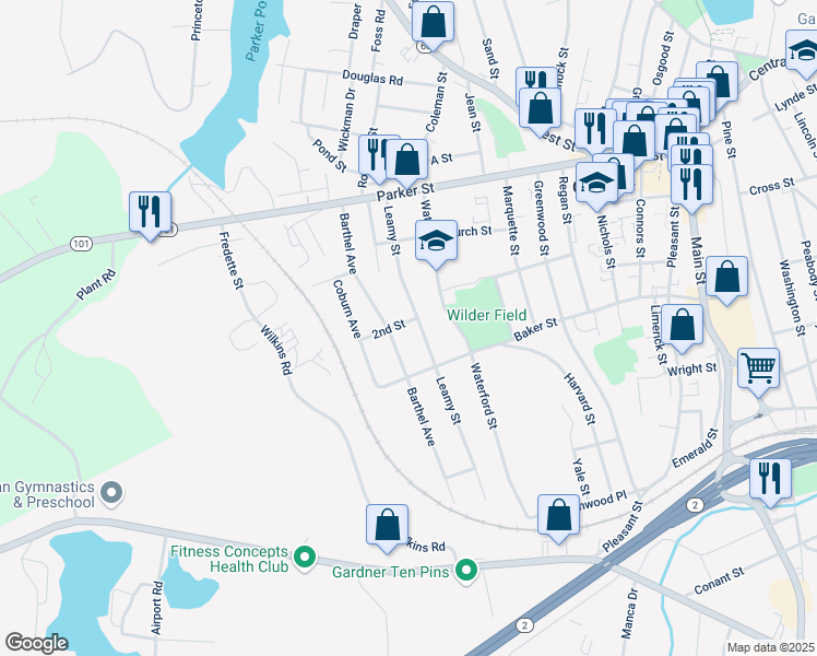 map of restaurants, bars, coffee shops, grocery stores, and more near 91 Leamy Street in Gardner