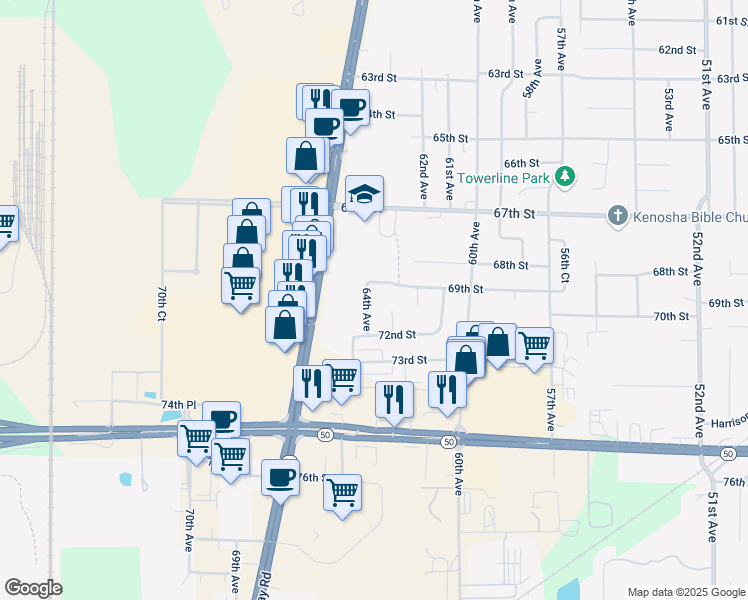 map of restaurants, bars, coffee shops, grocery stores, and more near 6309 69th Street in Kenosha