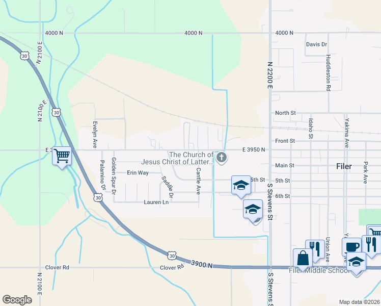 map of restaurants, bars, coffee shops, grocery stores, and more near 1005 West Midway Street in Filer