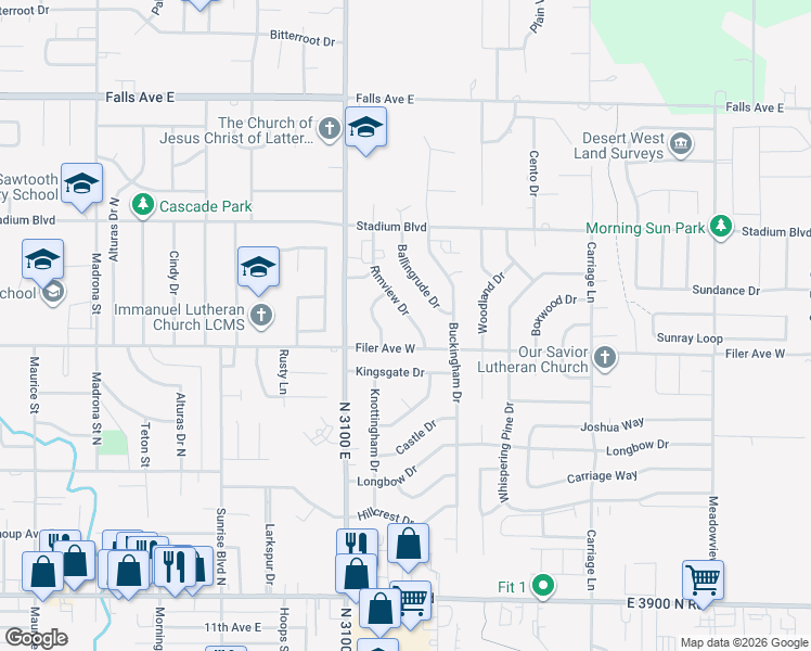 map of restaurants, bars, coffee shops, grocery stores, and more near 550 Rimview Drive in Twin Falls