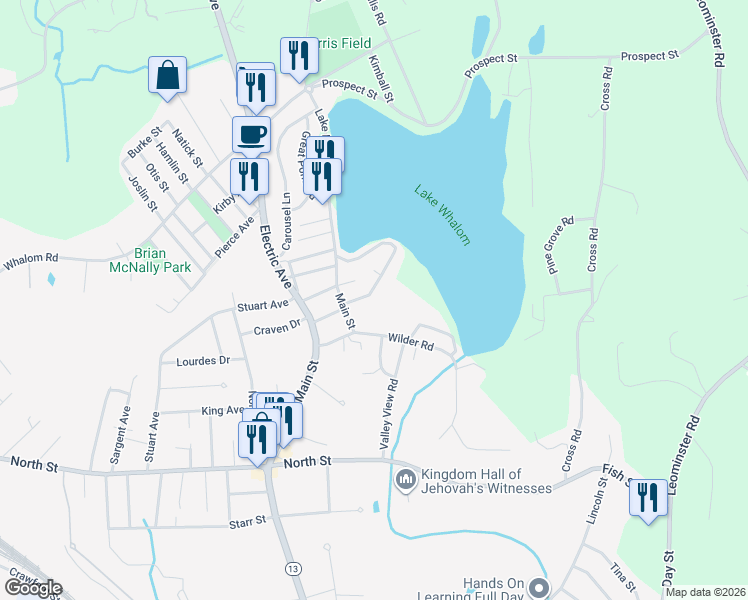 map of restaurants, bars, coffee shops, grocery stores, and more near 1469 Main Street in Leominster
