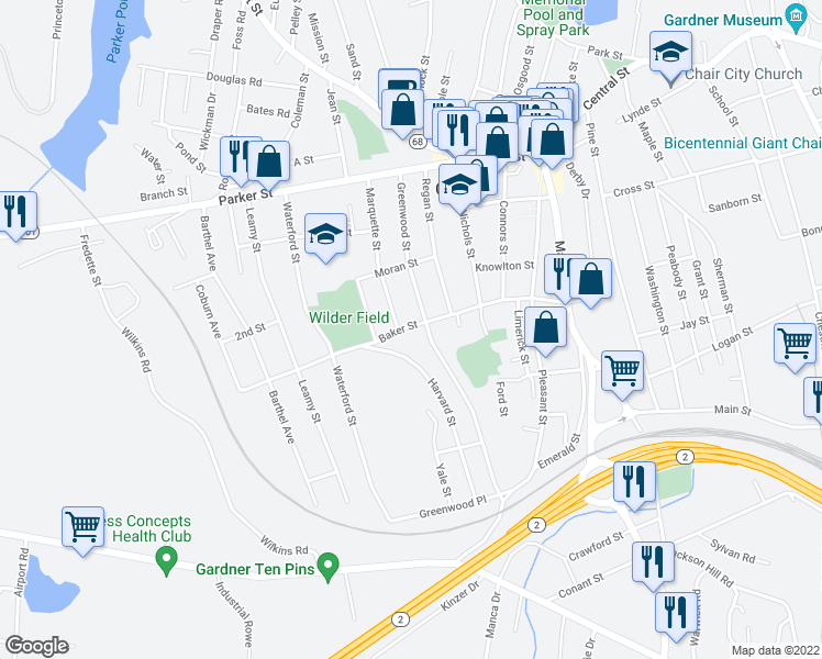 map of restaurants, bars, coffee shops, grocery stores, and more near 134 Baker Street in Gardner