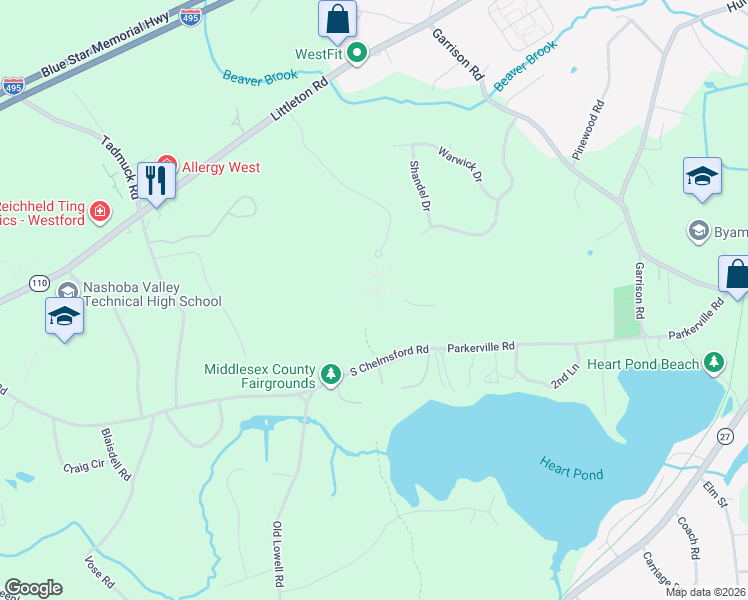 map of restaurants, bars, coffee shops, grocery stores, and more near 3000 Princeton Way in Westford