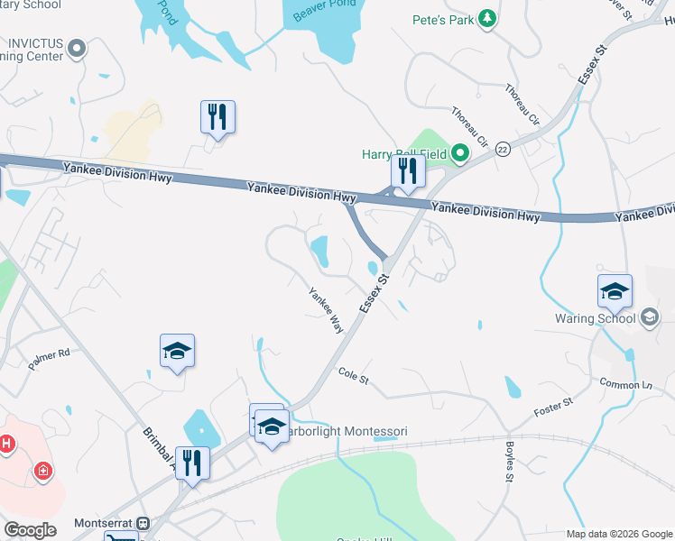 map of restaurants, bars, coffee shops, grocery stores, and more near 11 Meadow Road in Beverly