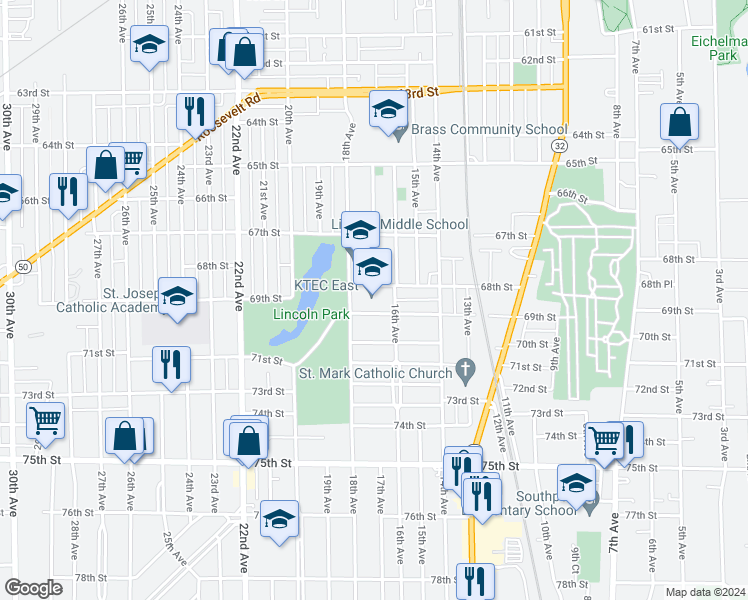map of restaurants, bars, coffee shops, grocery stores, and more near 6811 18th Avenue in Kenosha