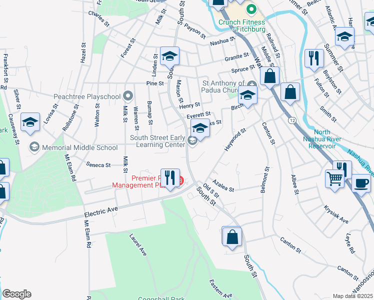 map of restaurants, bars, coffee shops, grocery stores, and more near 376 South Street in Fitchburg